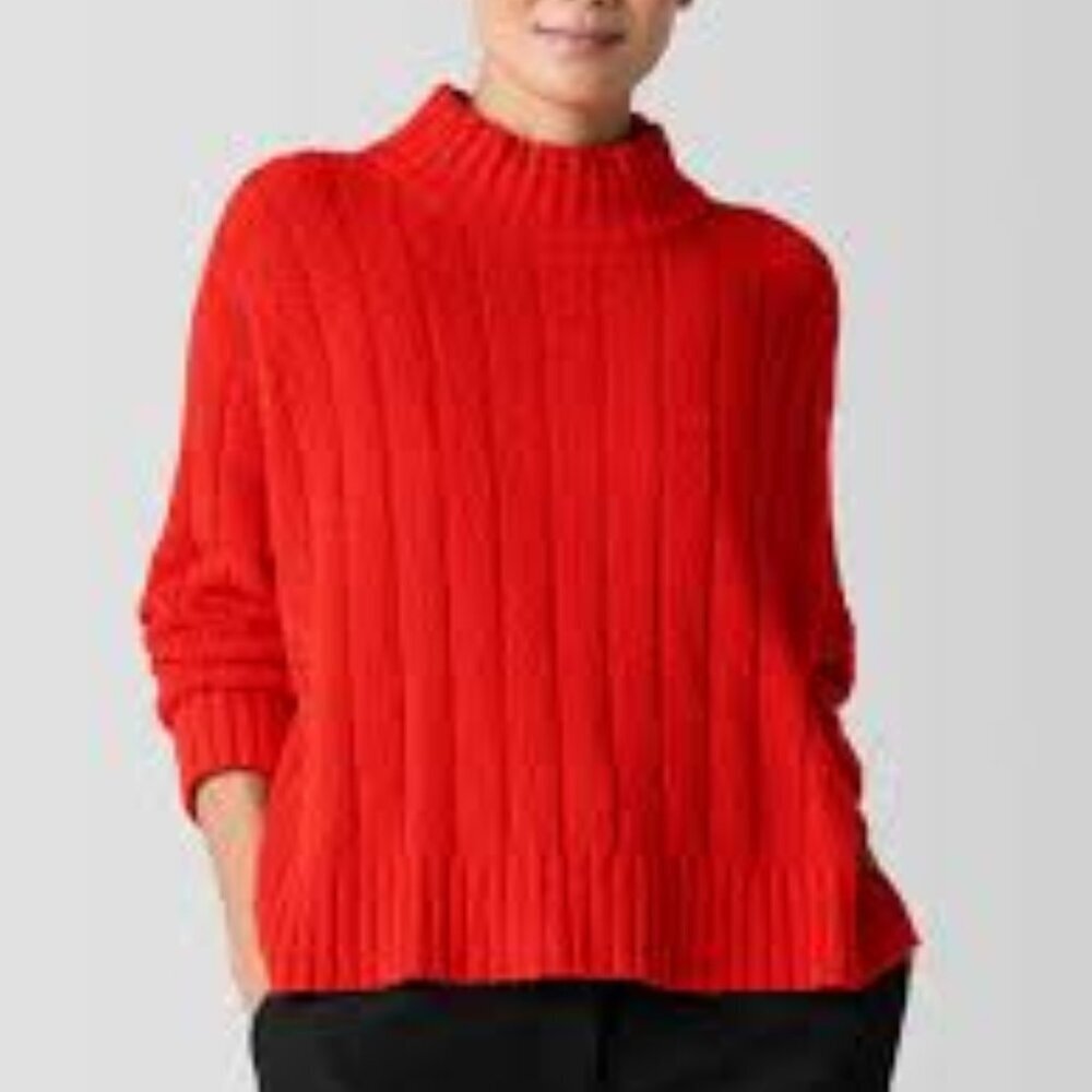 Eileen Fisher Red Cowl Neck Sweater with Ribbed Texture Sweater Size M